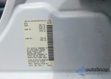 2020 Nissan Altima Sr Fwd from USA, damaged, VIN 1N4BL4CV0LN314050